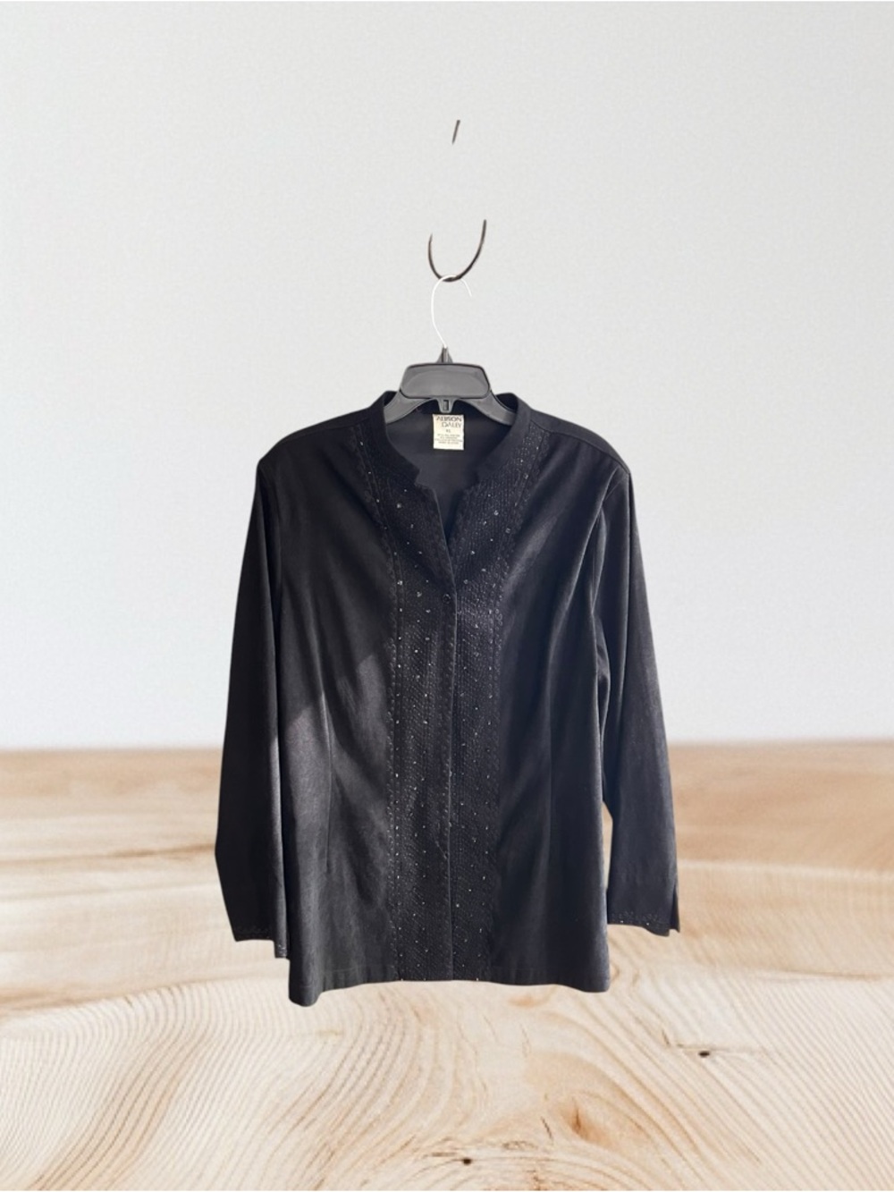 Allison Daley vintage black faux suede shacket embroidery bead trim Sz XL